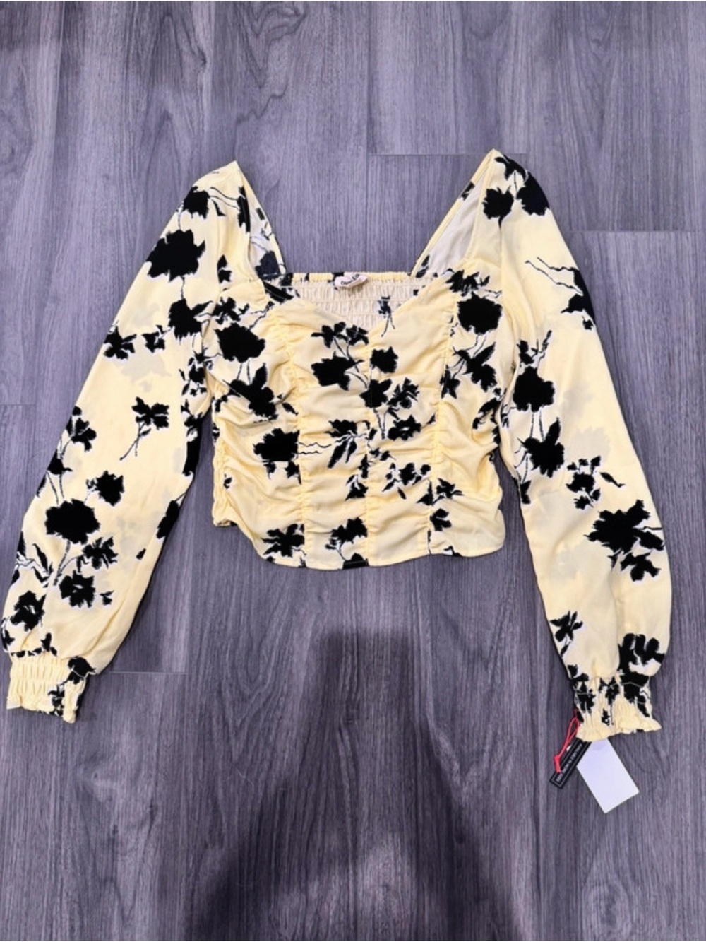 Ruched Yellow Floral Long-Sleeve Blouse